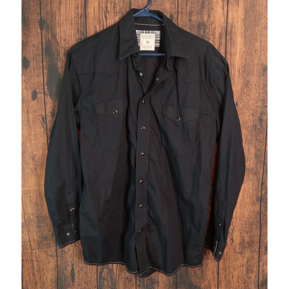 Panhandle Rough Stock Mens Medium Black Textured Western Snap Long Sleeve Shirt